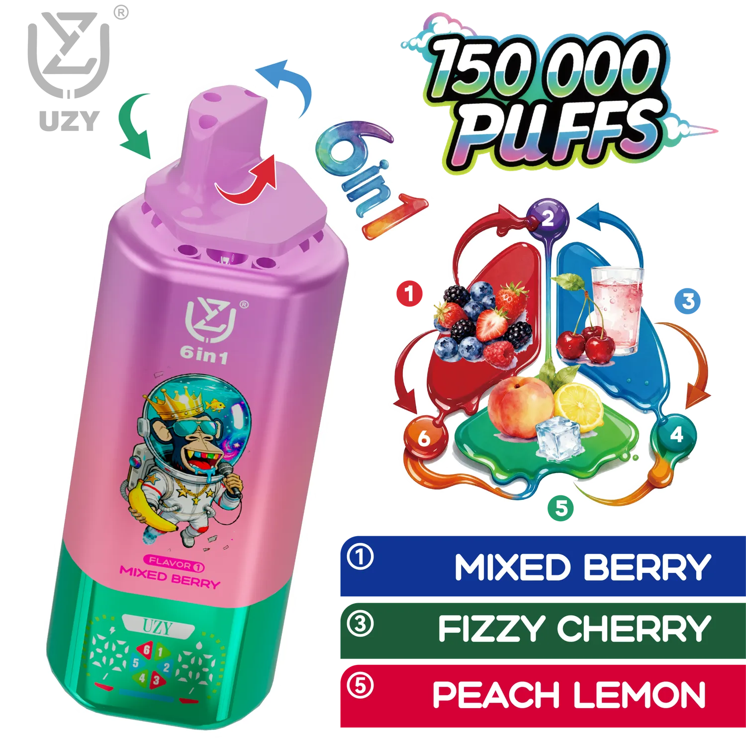 UZY 6 in 1 150000 Sigaretta Elettronica Usa e Getta 64ml Mix Gusti