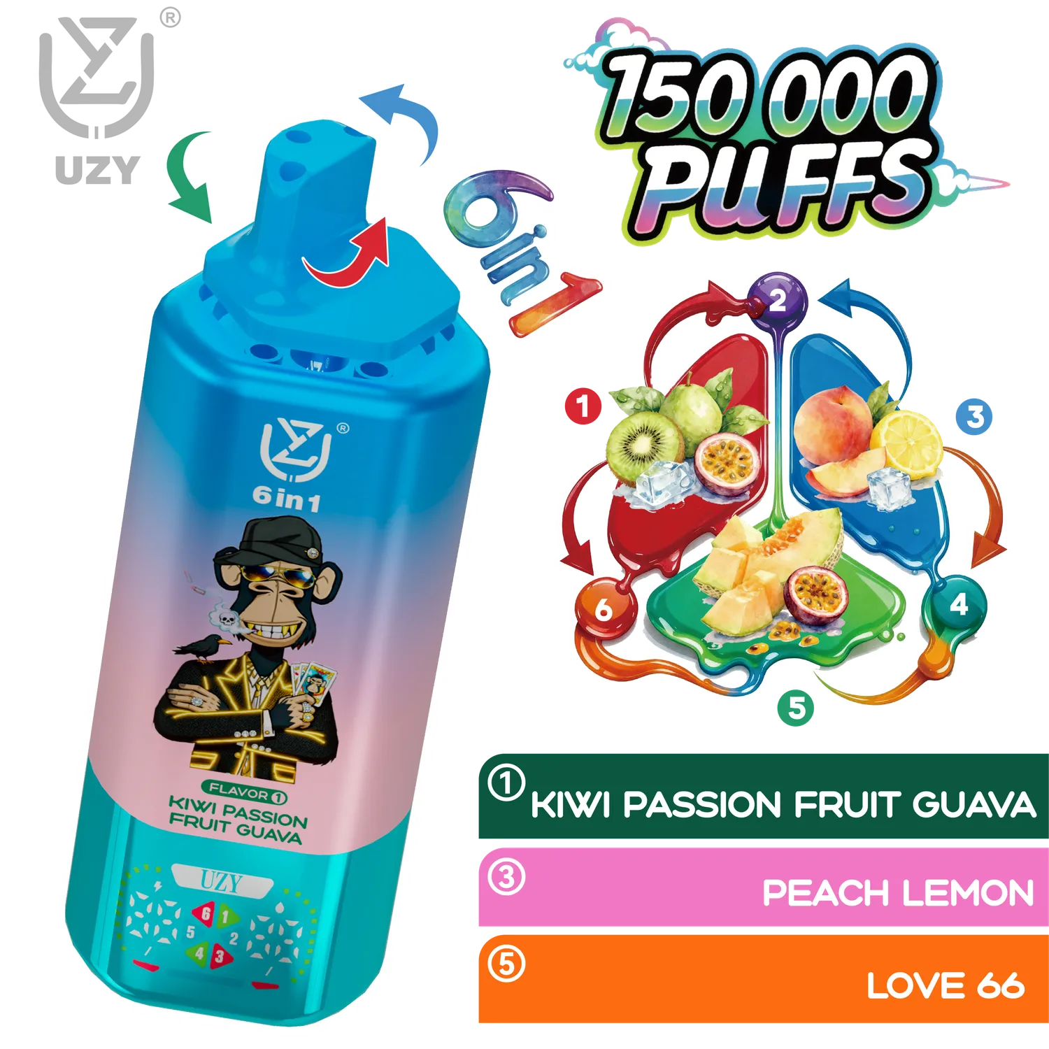 UZY 6 in 1 150000 Sigaretta Elettronica Usa e Getta 64ml Mix Gusti