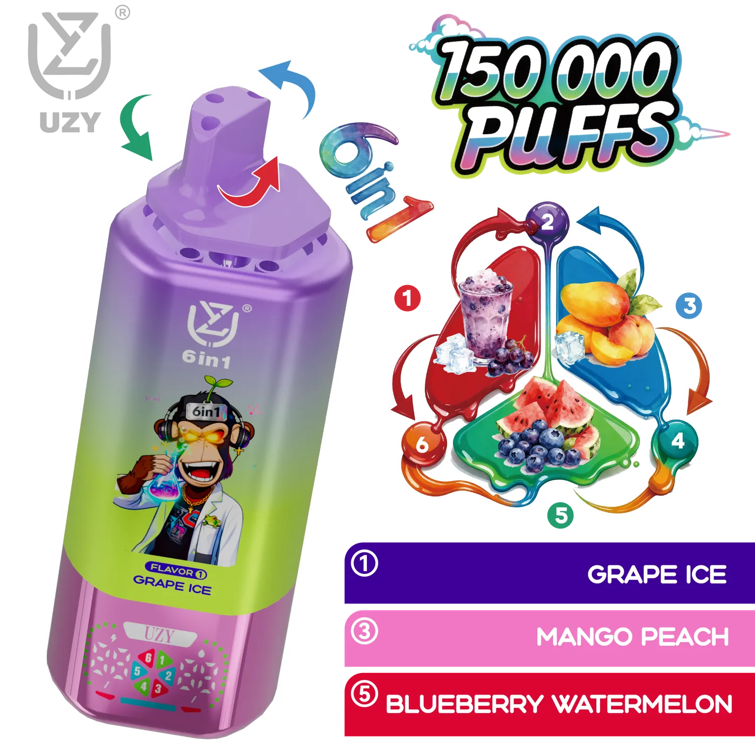 UZY 6 in 1 150000 Sigaretta Elettronica Usa e Getta 64ml Mix Gusti